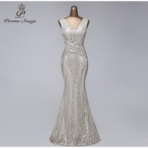 Silver Sequin evening dresses vestido de festa Elegant prom gowns vestidos elegante party night dress robe de soiree women dress