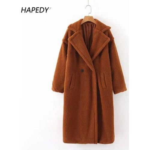 Winter Casual Solid Teddy Coat 2021 Women Long Sleeve Fleece Thick Warm Long Jacket Turn Down Collar Lamb Fur Coat Outerwear