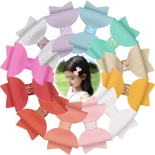 12pcs/set Girls Sweet Hair Bow Children Barrettes Hairpins PU 3 Inch Bows WITH/WITHOUT Clip Glitter Sequin Spring Color Headwear