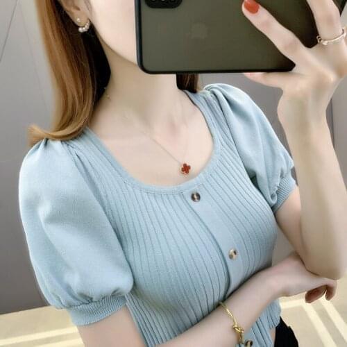 20128 real shot U-neck solid color single breasted open navel knitted short sleeve 28
