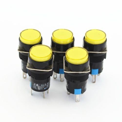 5Pcs AC220V Yellow Light 5 Pins Momentary Round Push Button Switches