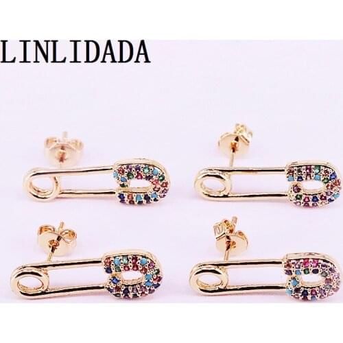 6Pairs gold color plated paperclip safety pin fashion elegant women jewelry delicate Rainbow Cz earring