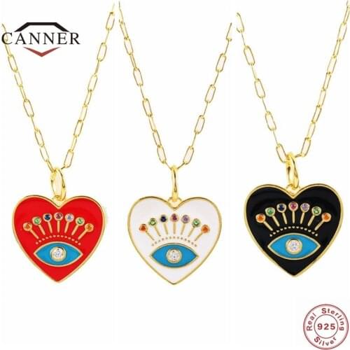CANNER Real 925 Sterling Silver Heart-shaped Devils Eye Pendant Color Clavicle Necklace for Women Chain Link Necklaces Jewelry