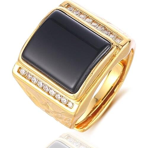 Noble Men Black Stone Ring Gold Color Male Resizeable Finger Jewelry