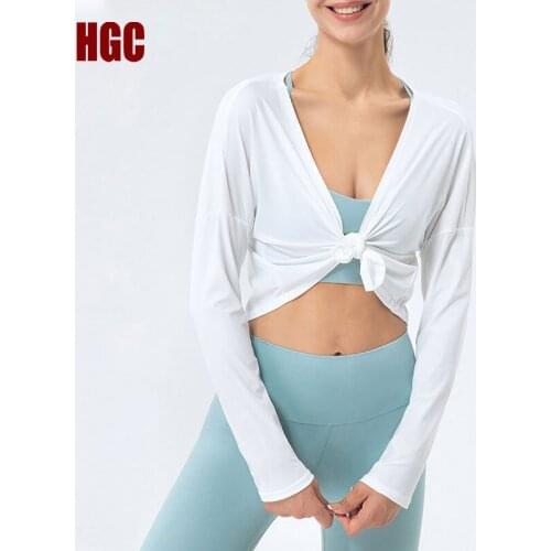 HGC Yoga Blouse Long Sleeve Loose Casual Fitness Cardigan Sports Top Workout Coat Gym Smock Buttock Covering Bandage Sexy Skirt