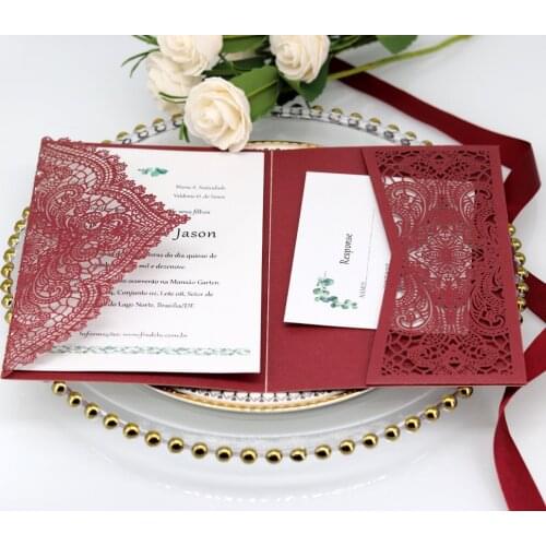 Burgundy Lace Floral Tri-fold Wedding Invitations 2019 Shimmy Pearl Laser Cut Pocket Dinner Invites Cover