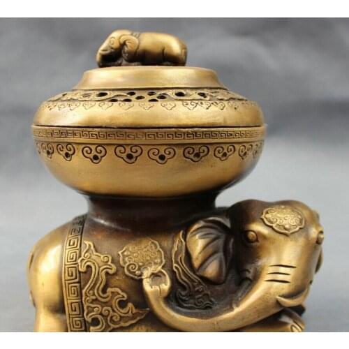 Fast shipping USPS to USA S1399 6" Folk Chinese Bronze RuYi Elephant Heffalump Statue Box Incense Burner Censer