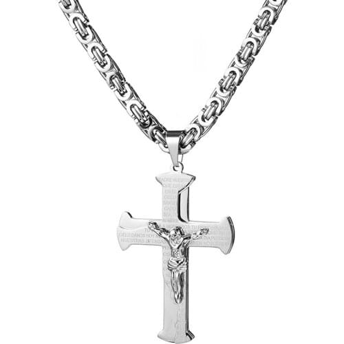 6mm Gold Cross Christ Jesus Pendant Necklace Fashion Stainless Steel Silver Color High Quality Byzantine Chain 18-40 inch