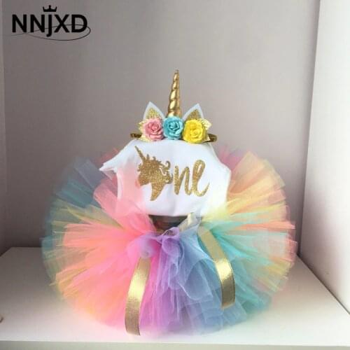 Baby Unicorn Dress Cartoon Girls Clothes Rainbow Color Tutu Dress One Year Birthday Clothes 1st Party Costume Summer Cotton Wear