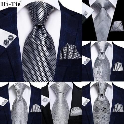 Hi-Tie Luxury Silver Solid Novelty Men Tie Silk Wedding Necktie For Men Hanky Cufflink Set Fashion Design BusinessDropshipping