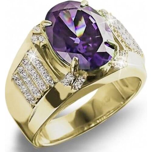 Huitan Luxury Wedding Ring with Solitaire Big Purple Oval Stone for Women Gold Color Engagement Party Ring Vintage Jewelry New