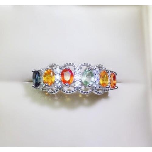 Per jewelry Natural colorful sapphire array style ring Free shipping 0.35ct*6pcs gemstone 925 sterling silver Q2042623