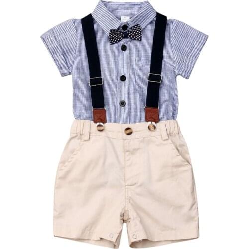 2020 Newborn Baby Boy Clothes Short Sleeve Striped Bow Tie Romper Suspender Shorts Overalls 2PCS Summer Clothing Set