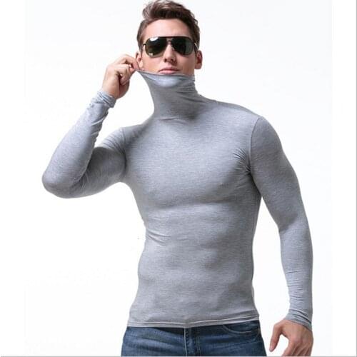 Men tshirt man t shirt sexy slim tight turtleneck t shirts tops mens modal long sleeve t-shirt free match thermal t-shirts