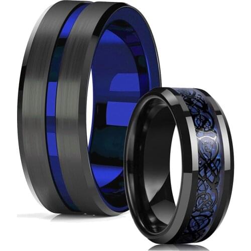 Punk 8mm Blue Tungsten Wedding Band Black Tungsten Carbide Ring For Men Women Black Celtic Dragon Inlay Blue Carbon Fiber Ring