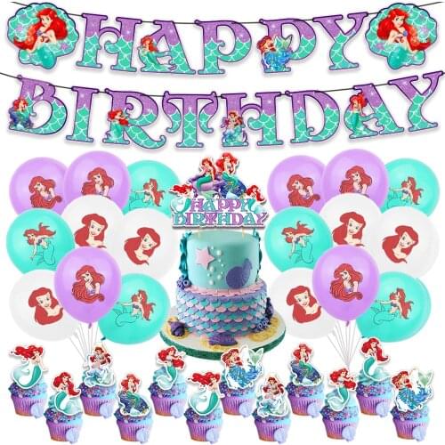 Disney Mermaid Princess Balloons Set Ariel Princess Happy Birthday Banner Cake Topper Baby Shower Party Decorations Kids Toy