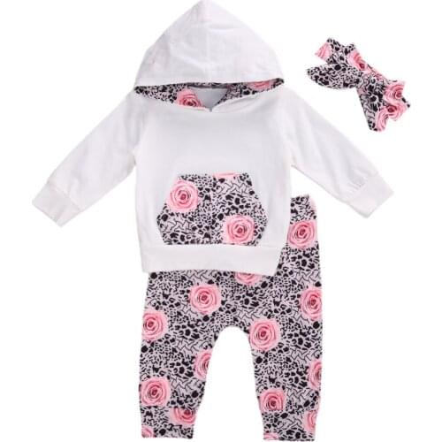 Toddler Baby Girl Autumn Clothing Set Floral Hoodies Top Long Pants Headband Outfits 3PCS