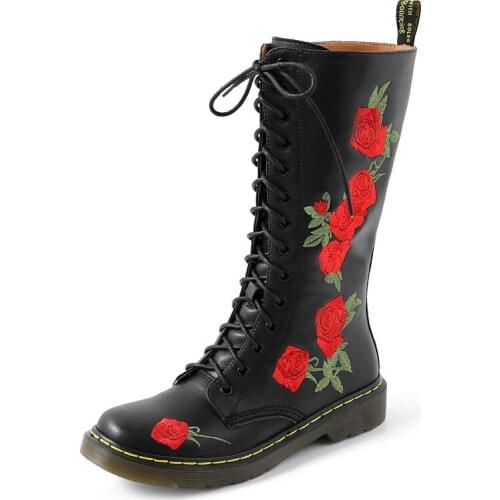OLOMLB New Womens Genuine Leather Boots Ankle Boots Flower Embroidery Floral Cool Fashion Shoes Black White Plus Size 34-43 V008
