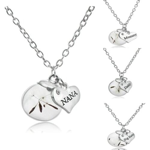 Heart Crystal Family Father Mother NANA Drid Dandelion Seeds Pendant Necklace Glass Bottle Chain Choker Women Jewelry