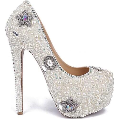 Pearl Shoes Crystal Bride Wedding Bridal Shoes Rhinestone Platform 160mm Stiletto Heel Wedding Pumps 35-41