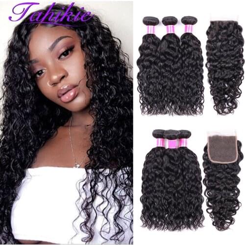 Tahikie Water Wave Bundles with Closure 3/4 Bundles with 4x4 Lace Closure Transparent Brazilian Human Hair Bundle with Closure