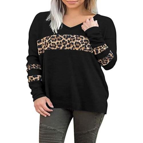 Large size T-shirt 3XL 4XL 5XL 6XL 7XL bust 130CM fashion leopard print womens V-neck stitching casual long-sleeved T-shirt