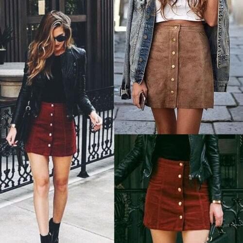 2020 Women High Waist Button Suede Leather Skirts Pocket Preppy Short Mini Skirts женское платье