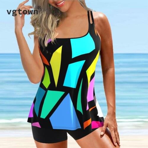 2022 New Plus Size 6XL Women Geometry Print Tankini Swimsuit Summer Bathing Suit Sexy Beach Party Swim Dress And Shorts