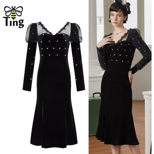 Tingfly Vintage Elegant Women Black Velvet Mermaid Party Dresses Puff Sleeve Faux Pearl Beading Midi Long Dress Elbise Clothing