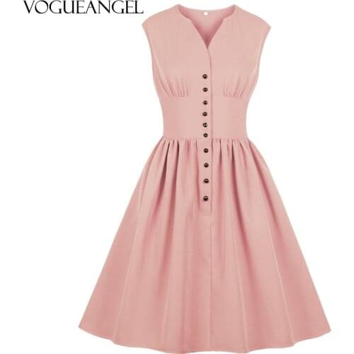 Women Elegant A Line Dress 2021 Vintage Midi Party Vestidos Solid Sleeveless Half Buttoned Women Summer Plus Size Dress S-4XL