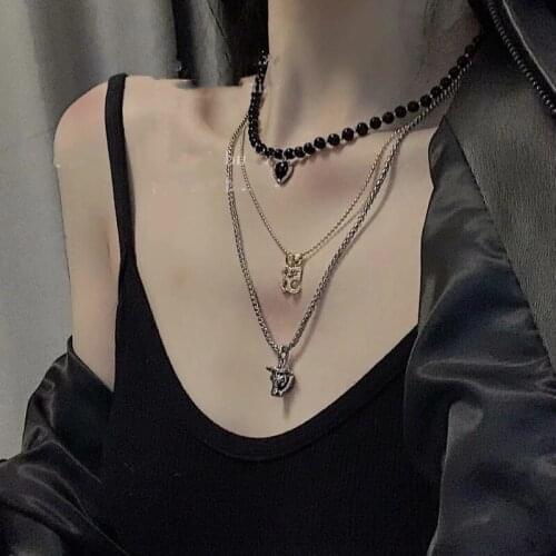 TIMEONLY Statement Multi Layering Ox 85 Pendant Neckalces for Women Girl Black Love Heart Crystal Chain Neckalce Street Jewelry