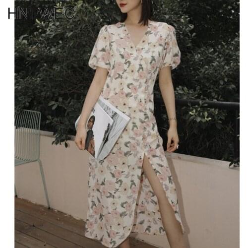 Puff Sleeve Floral V Neck Long Slit Dress Women Summer Short Sleeve Wrap Ladies Split Midi Dress 2020 Clothes U128