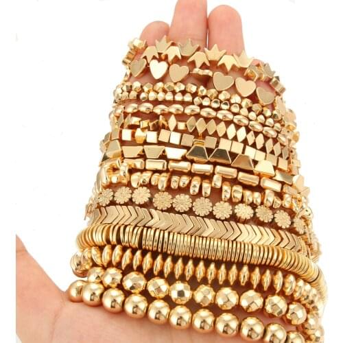 14 Gold Plating Irregular Hematite Beads Round Disc Cube Heart Shape Loose Natural Stone Beads for Jewelry Making DIY Bracelet