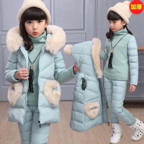 3Pcs Children Clothes Set for Russia Winter Girls Warm Vest Top Jacket+Cotton Pants Suit Fur Hooded Boys Print Clothing Sets