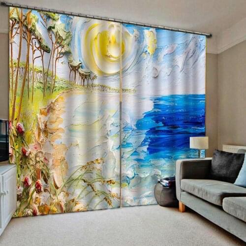 Hand draw blue nature scenery landscape painting 3d curtains 3d Curtains Blackout for Living Room Kids Bedroom Fabric