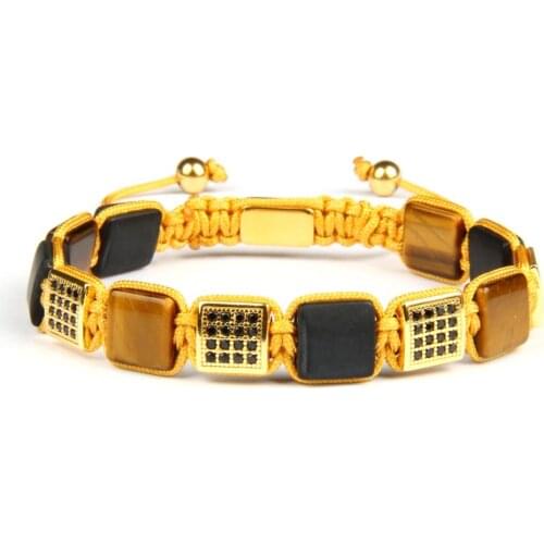Ailatu Wholesale Luxury Men Black Cz Square Flat Bead Yellow Macrame Bracelets with Natural Stone Beads