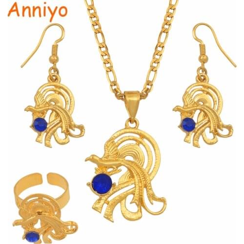 Anniyo Bird with Blue Stones Papua New Guinea Necklace and Earrings Ring sets for Women PNG Style Jewelry Party Gifts #097606BE
