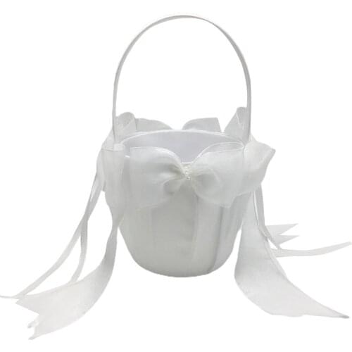 White Wedding Flower Girl Basket Ribbon Bow Decorative Basket Roses Holder Decor