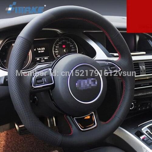 For Audi A4 High Quality Hand-stitched Anti-Slip Black Leather Red Thread DIY Steering Wheel Cover