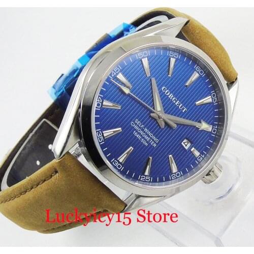 CORGEUT Luxury Blue AAutomatic Mens Watch With Brown Leather Strap Silver Color Case Date Window Self Winding Watch