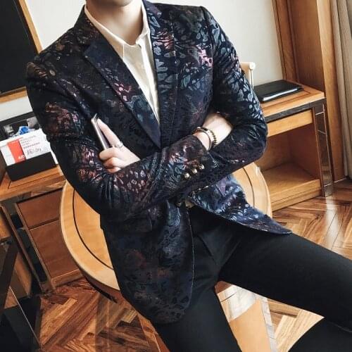 Elegent Men Large Size Floral Suit Slim Fit Business Casual Jacket Party Nightlcub Single Breasted British Style Coat