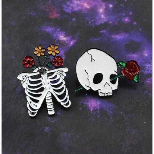 Skeleton Headdress Flower Skull Rose Brooch Death Love Skeleton Enamel Pin Denim Backpack Gothic Badge Halloween Romantic Gifts