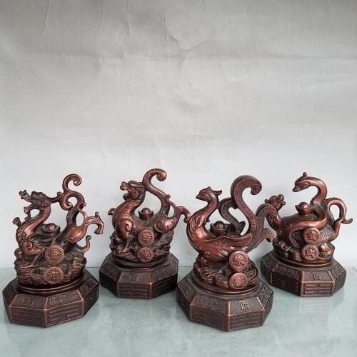8" Chinese Seikos Red Bronze Four big beasts statue Qinglong White tiger Suzaku Basalt statue Town House Ward off evil spirits