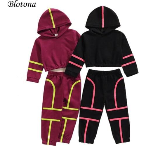 Blotona Kids Girls Spring Fall Casual 2Pcs Clothes Set, Variegated Color Hooded Pullover and Elastic Waist Pants, 1-5Years