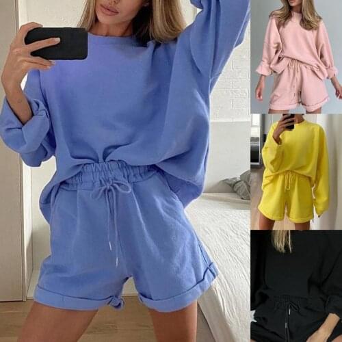 Casual Sweatshirt Suit Solid Loose Sport Suit Woman Lantern Long Sleeve Pullover Drawstring Pleated Shorts Outfits Tracksuits
