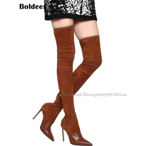 Nice Model Show Sweet Slim Fit Brown Black Designer Over The knee Boots Women Pointed Toe Sexy Thigh High Long Boot