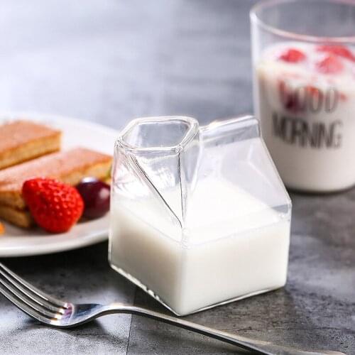 250ML Milk Mug Glass Carton Box Coffee Breakfast Cup Half Pint Creative Creamer Jug Christmas Birthday Gift Square Oven