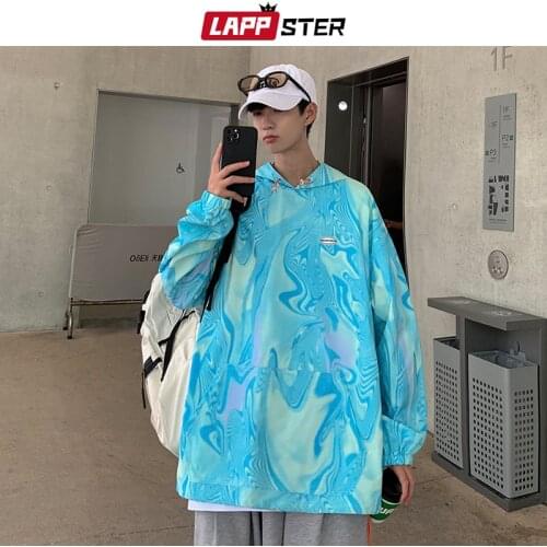 LAPPSTER Men Harajuku Tie Dye Hooded Jackets 2021 Mens Harajuku Oversized Y2k Varsity Jacket Man Japanese Streetwear Windbreaker