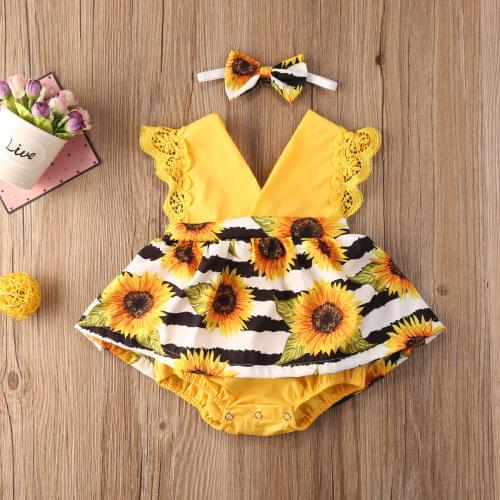 Summer Baby Girls Clothes Set Sunflowers Print Sleeveless V Neck Romper+Bowknot Headband Infant 2Pcs Lace Patchwork Outfits