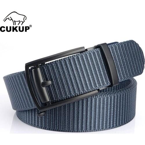 CUKUP 2020 Mens Unique Design Fake Automatic Buckle Metal Quality Blue Nylon & Canvas Belts Men Accessories 3.5cm Width CBCK274